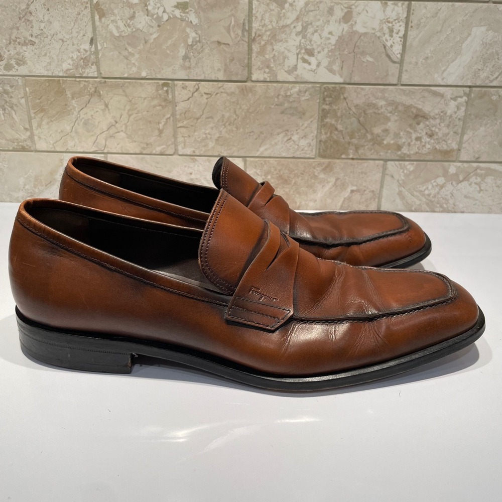 Salvatore Ferragamo Studio Mens Brown Leather Penny Loafers 20854 Italy 10.5 D